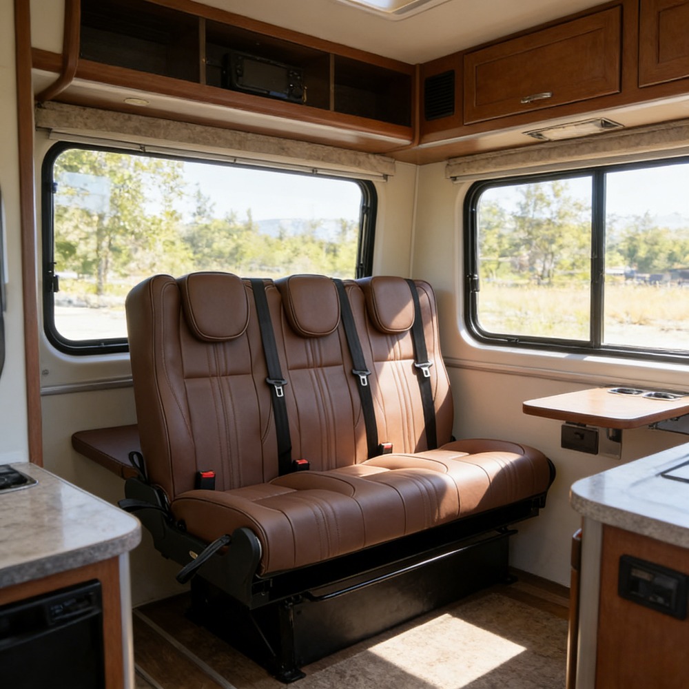 Rvseatbed seat bed in RV interior with wood cabinetry — warm brown leather