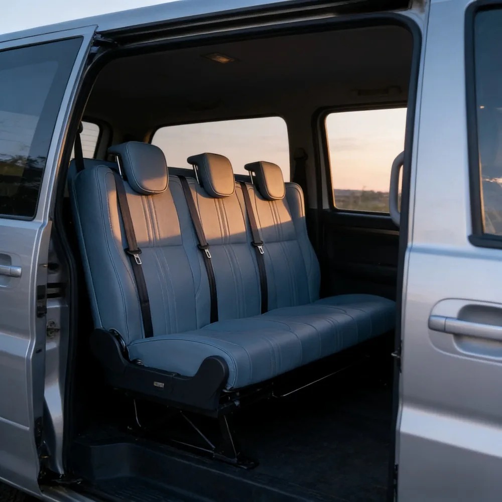 Rvseatbed RV seat at sunset — warm interior lighting